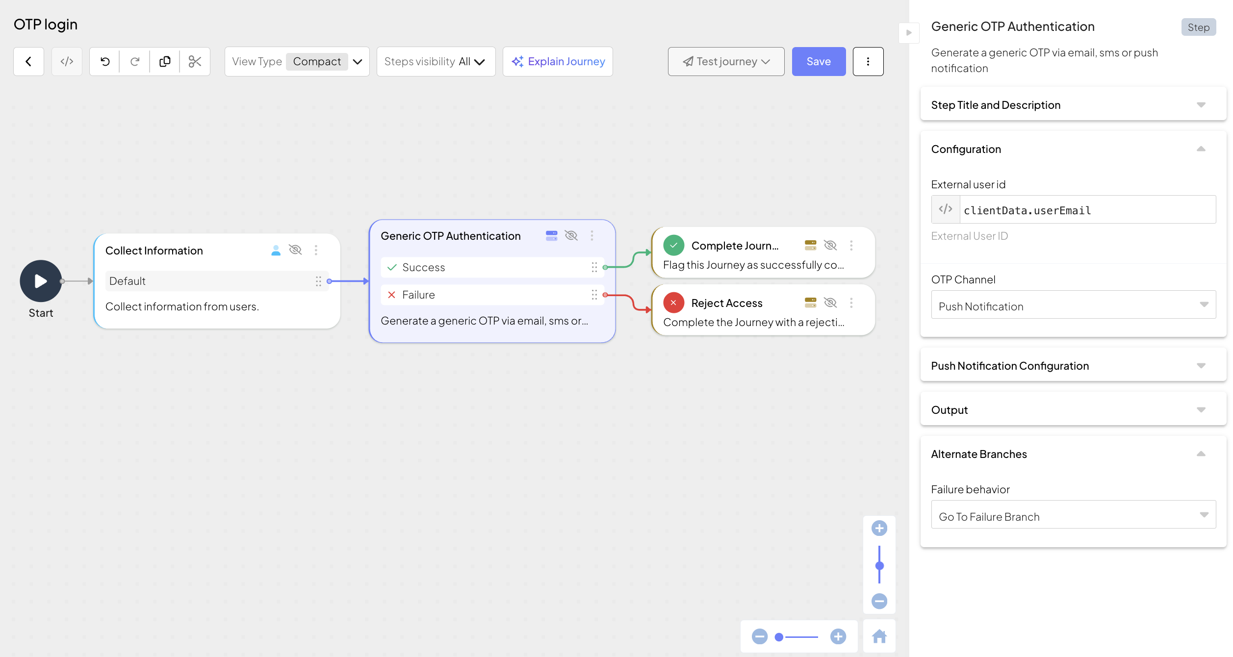 Authentication journey with generic OTP